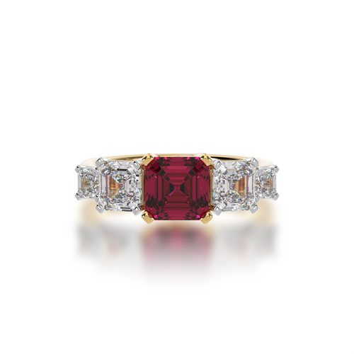 Asscher cut Ruby and Diamond 5 stone ring on yellow gold band