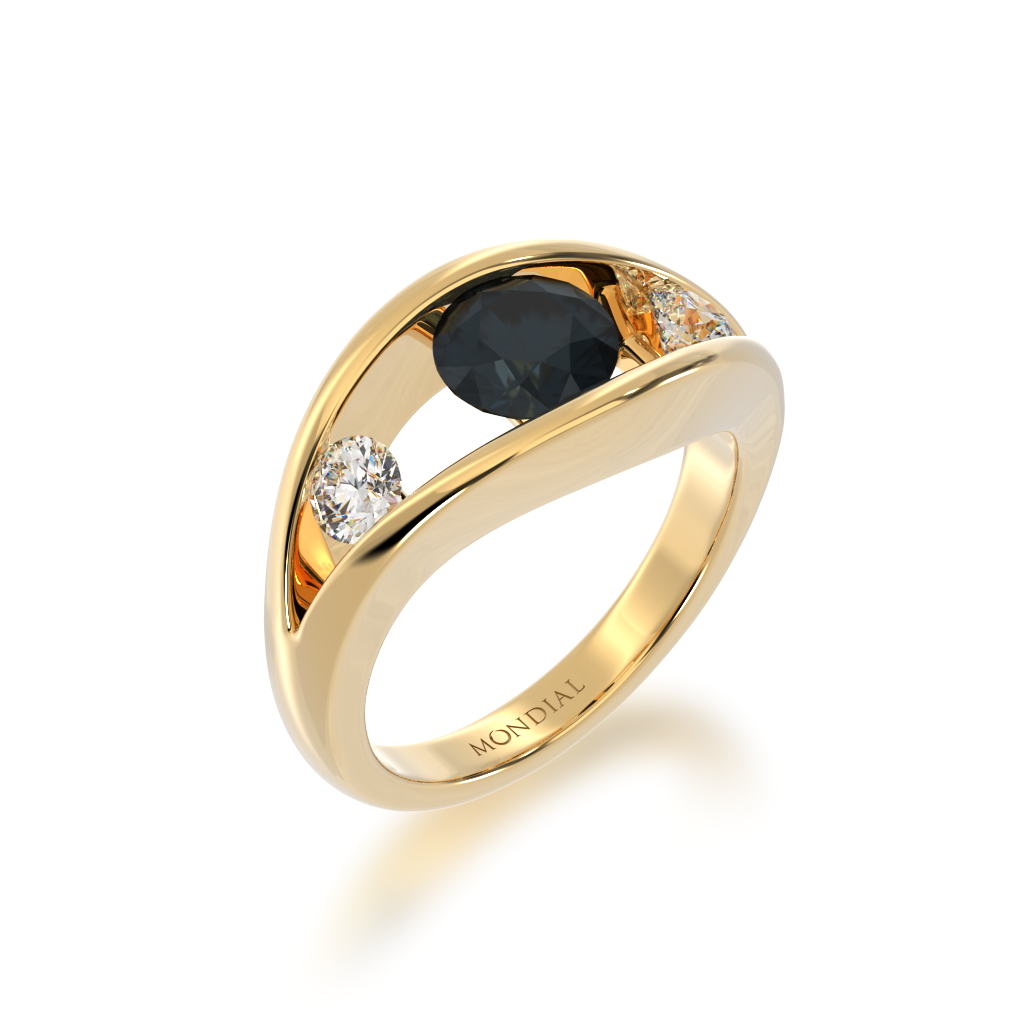 Flame design round brilliant cut black sapphire and diamond ring in yellow gold view from angle 