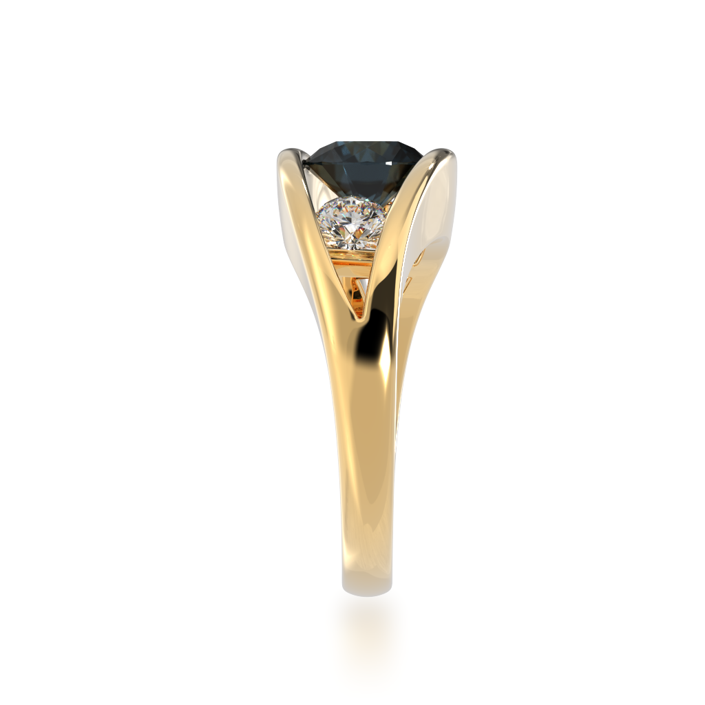 Flame design round brilliant cut black sapphire and diamond ring in yellow gold view from side 