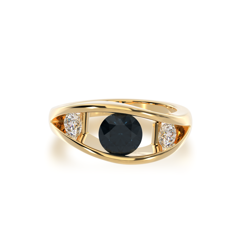 Flame design round brilliant cut black sapphire and diamond ring in yellow gold view from top