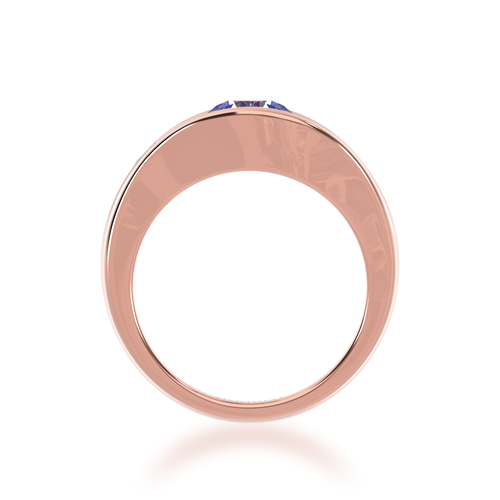 The Mondial by Nadia Flame design round brilliant cut blue sapphire engagement ring with diamonds in rose gold view from front.