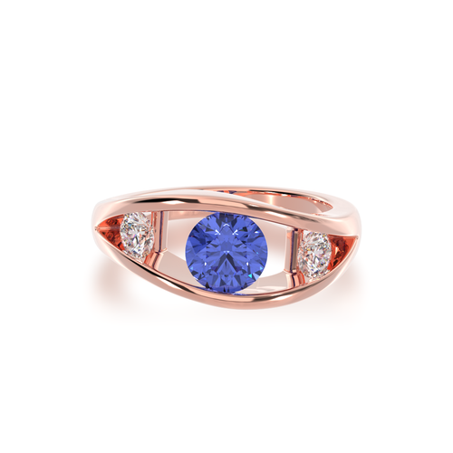 The Mondial by Nadia Flame design round brilliant cut blue sapphire engagement ring with diamonds in rose gold view from top.