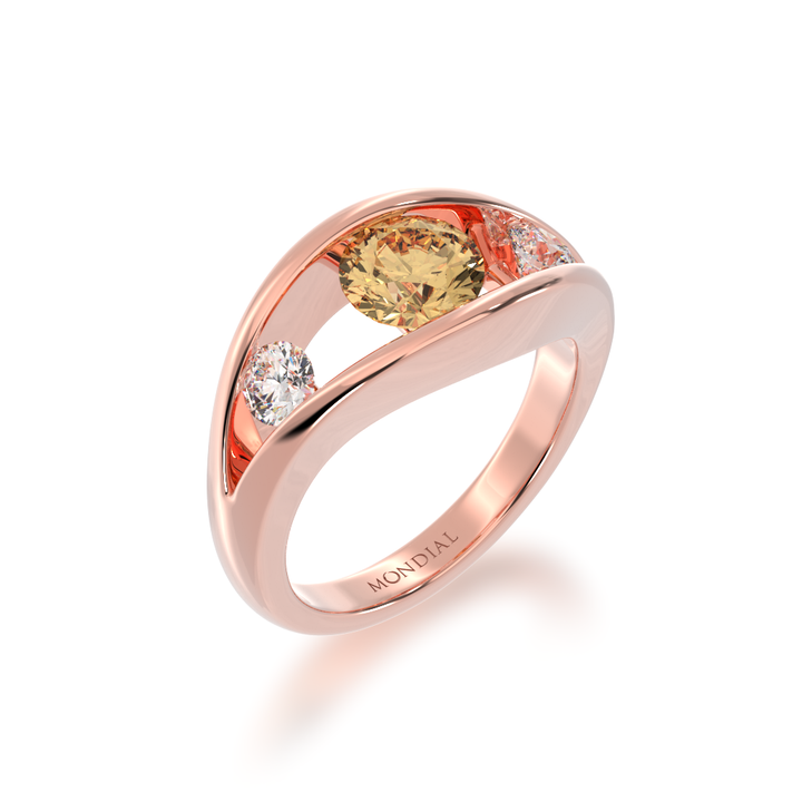Flame design round brilliant cut champagne and diamond ring in rose gold view from angle