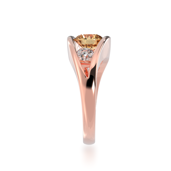 Flame design round brilliant cut champagne and diamond ring in rose gold view from side 