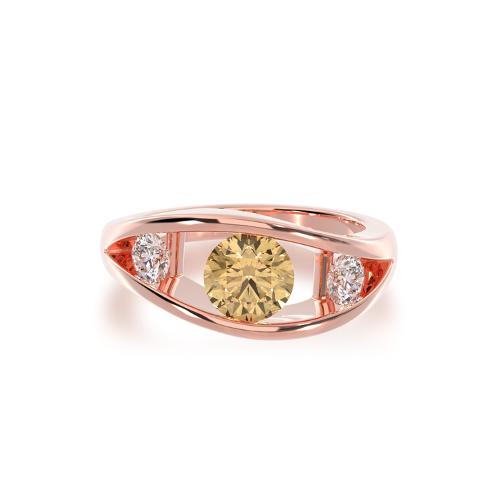 Flame design round brilliant cut champagne and diamond ring in rose gold view from top