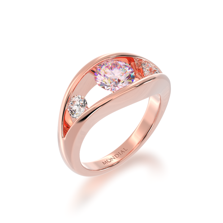Flame design round brilliant cut pink sapphire and diamond ring in rose gold view from angle