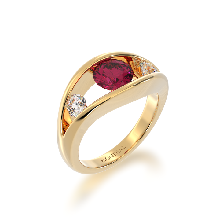 Flame design round brilliant cut ruby and diamond ring in yellow gold view from angle