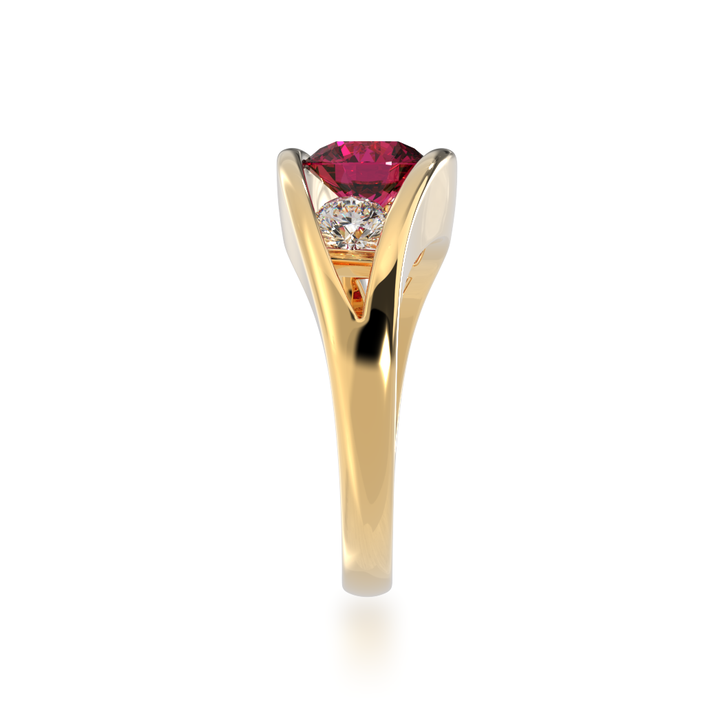 Flame design round brilliant cut ruby and diamond ring in yellow gold view from side 
