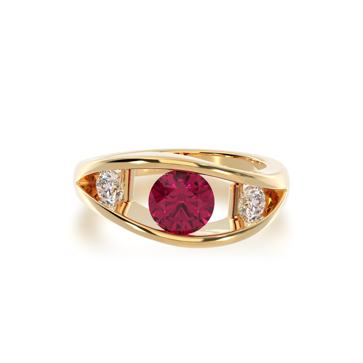 Flame design round brilliant cut ruby and diamond ring in yellow gold view from top