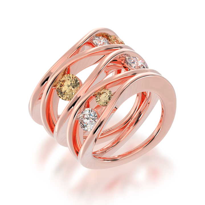 Multi flame design round brilliant cut champagne and diamond ring in rose gold view from angle