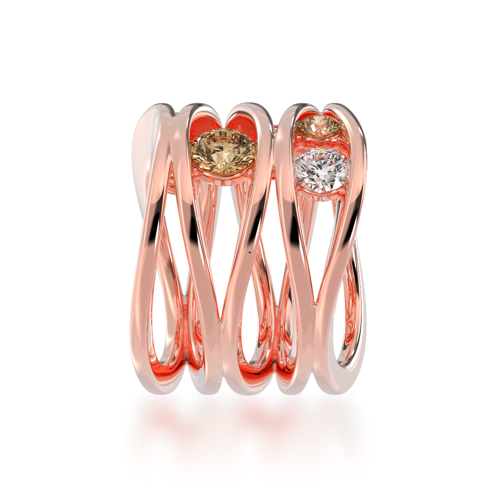 Multi flame design round brilliant cut champagne and diamond ring in rose gold view from side