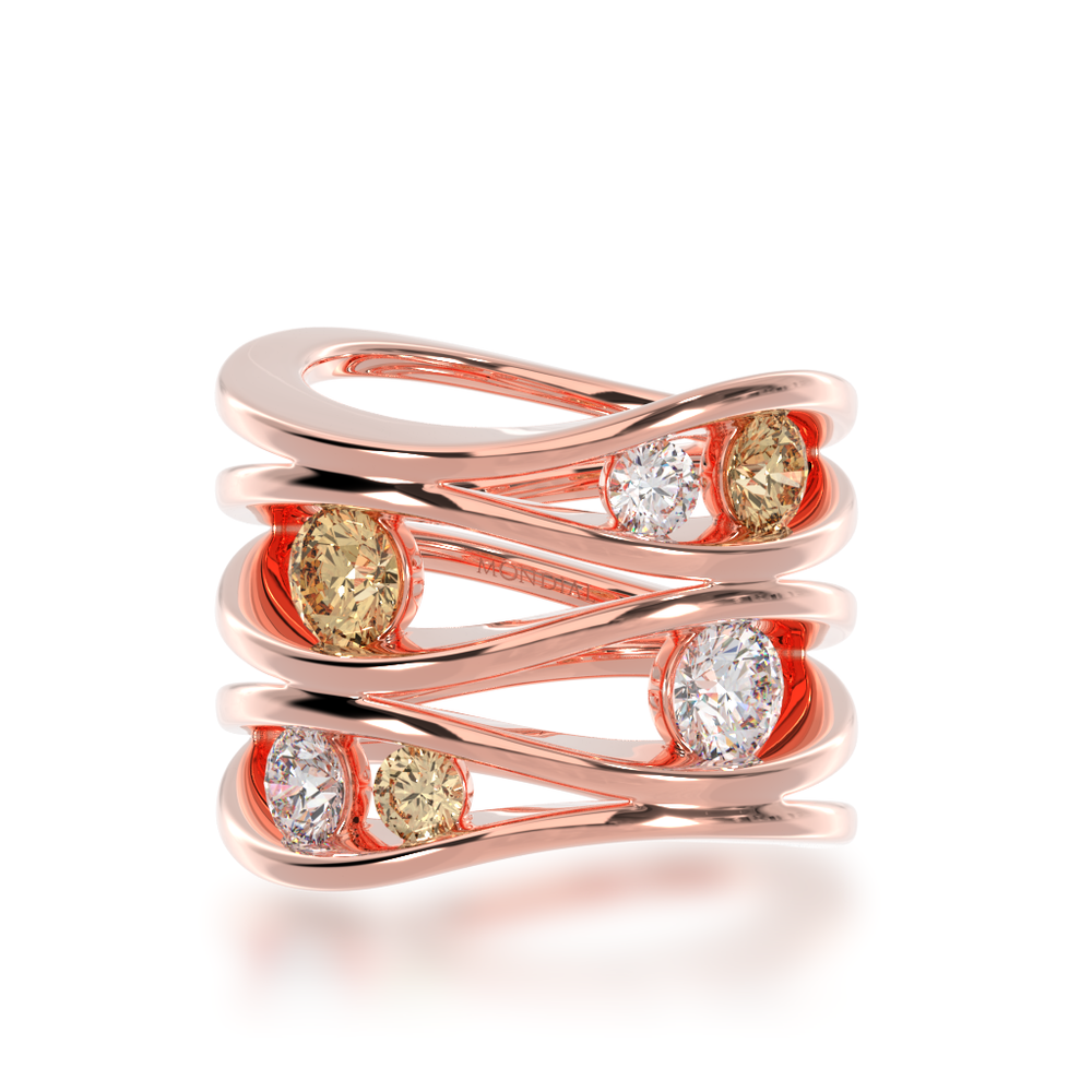 Multi flame design round brilliant cut champagne and diamond ring in rose gold view from top
