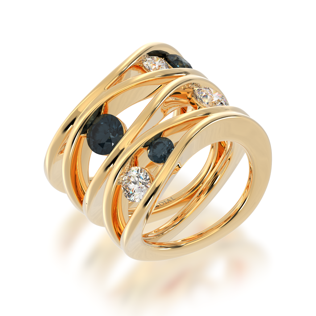 Multi flame design round brilliant cut black sapphire and diamond ring in yellow gold view from angle 