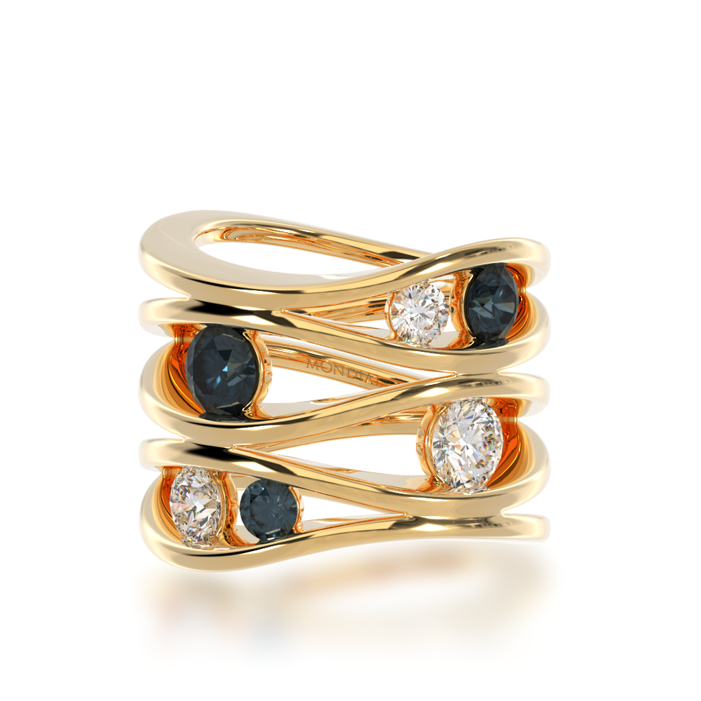 Multi flame design round brilliant cut black sapphire and diamond ring in yellow gold view from top