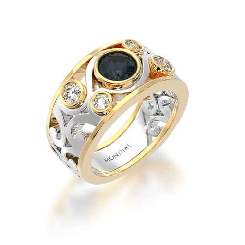 Black Sapphire and White Diamond Willow filigree design dress ring in white and yellow gold