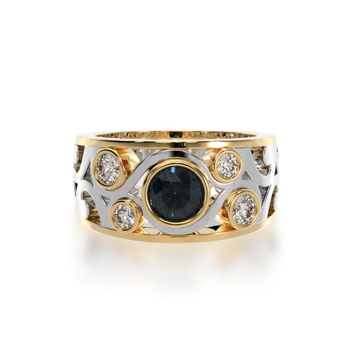 Black Sapphire and White Diamond Willow filigree design dress ring in white and yellow gold