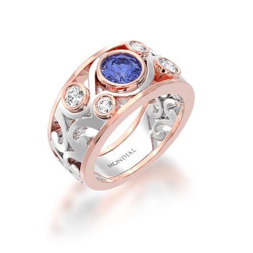 Sapphire and White Diamond Willow filigree design dress ring in white and rose gold