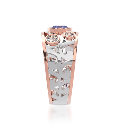 Sapphire and White Diamond Willow filigree design dress ring in white and rose gold