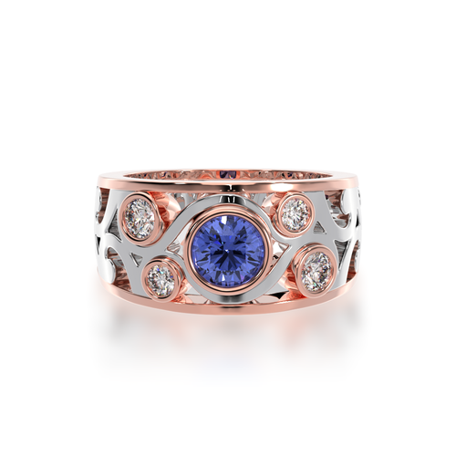 Sapphire and White Diamond Willow filigree design dress ring in white and rose gold