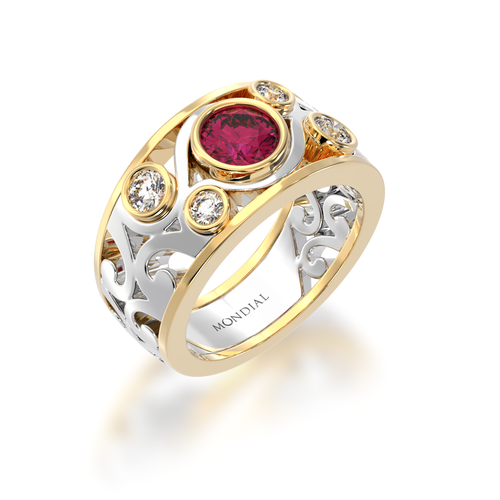 Ruby and Diamond Willow filigree design dress ring in white and yellow gold