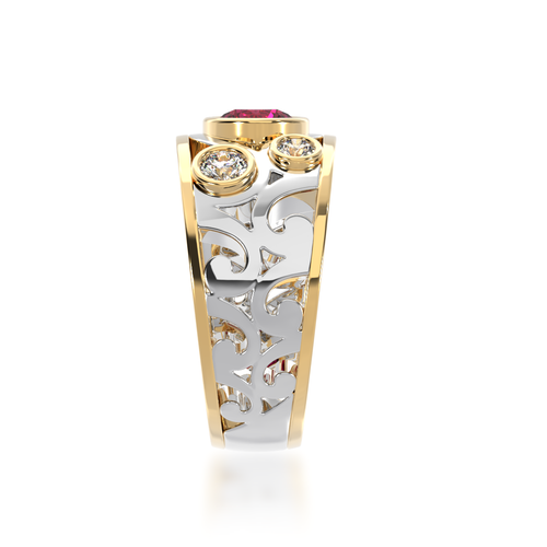 Ruby and Diamond Willow filigree design dress ring in white and yellow gold