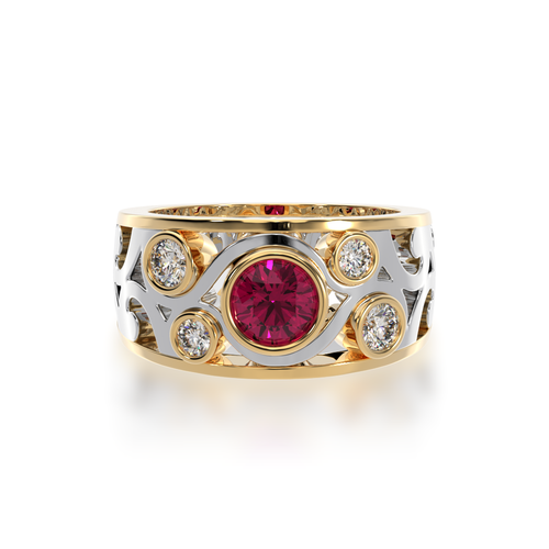 Ruby and Diamond Willow filigree design dress ring in white and yellow gold