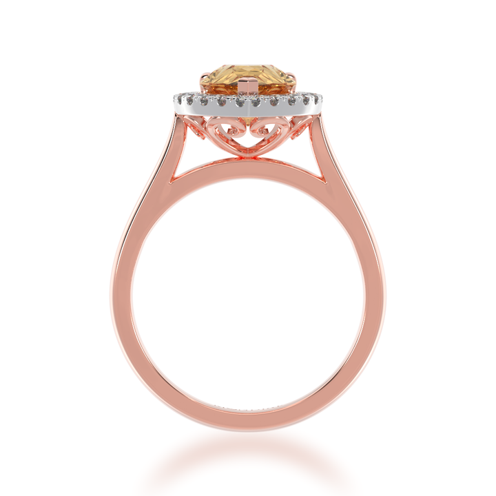 Pear shaped champagne diamond halo ring on rose gold band view from front