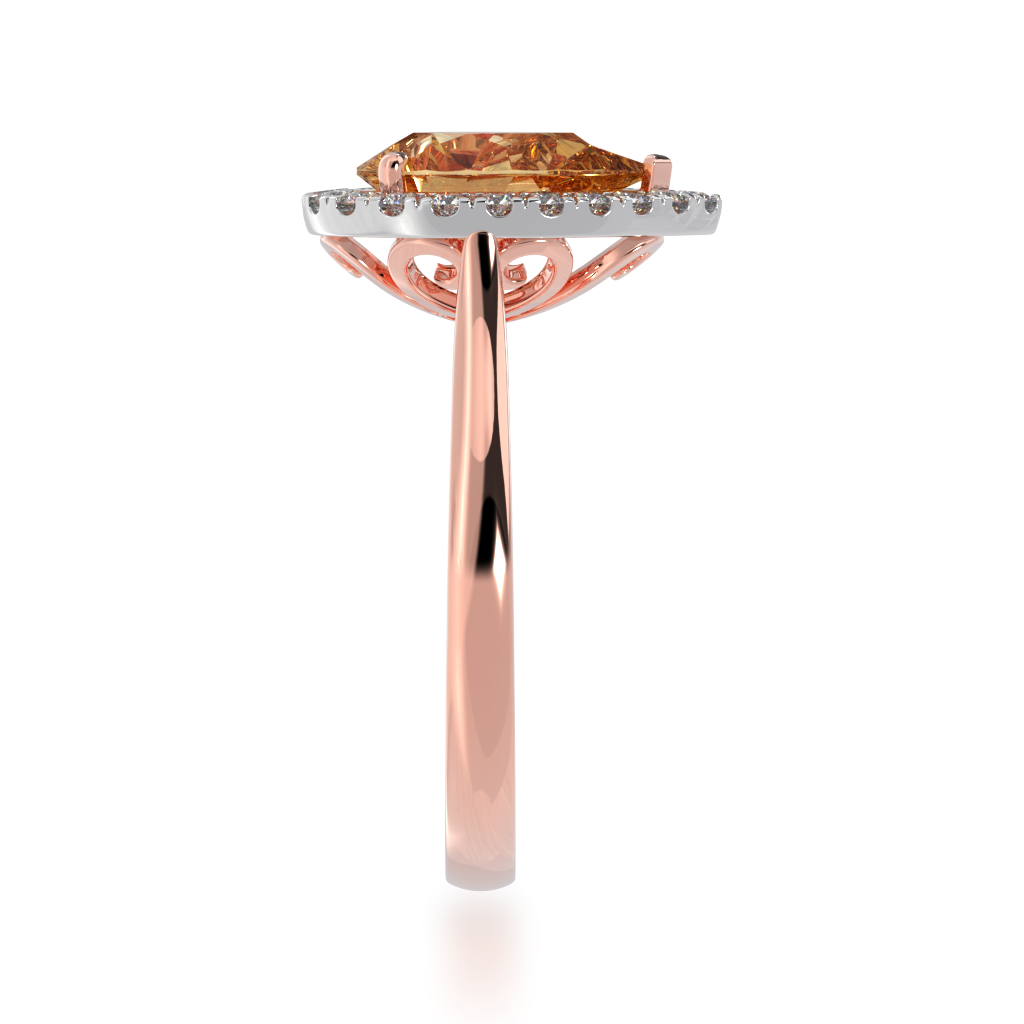 Pear shaped champagne diamond halo ring on rose gold band view from side 