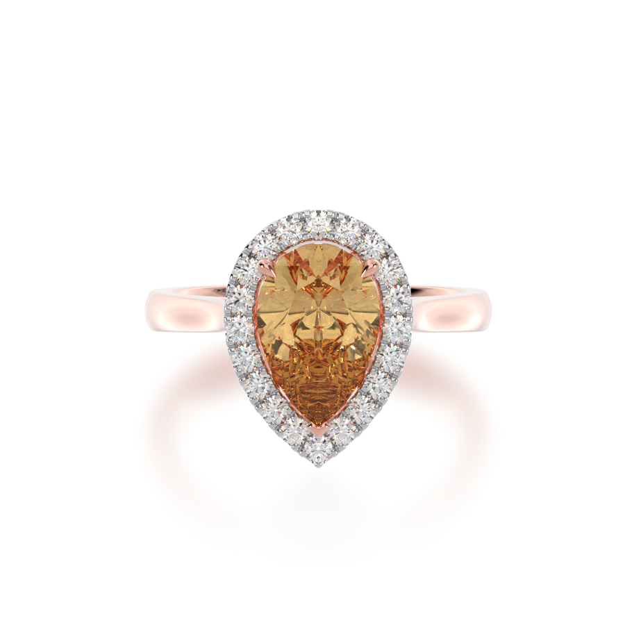 Pear shaped champagne diamond halo ring on rose gold band view from top