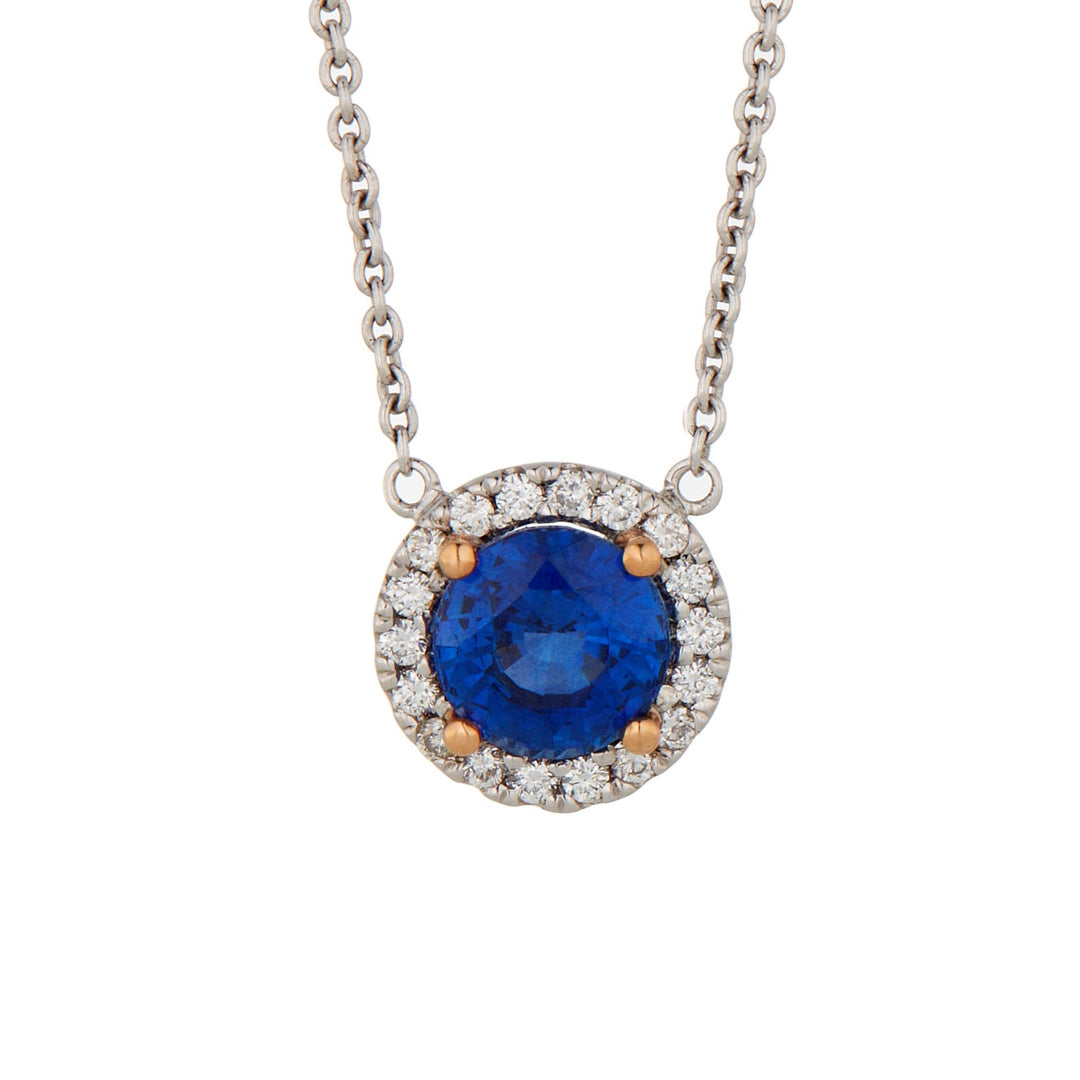 Sapphire round brilliant cut diamond halo pendant white gold