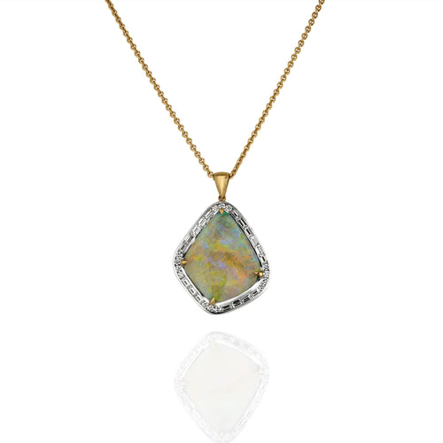 Opal and white diamond pendant necklace with gold chain on a white background