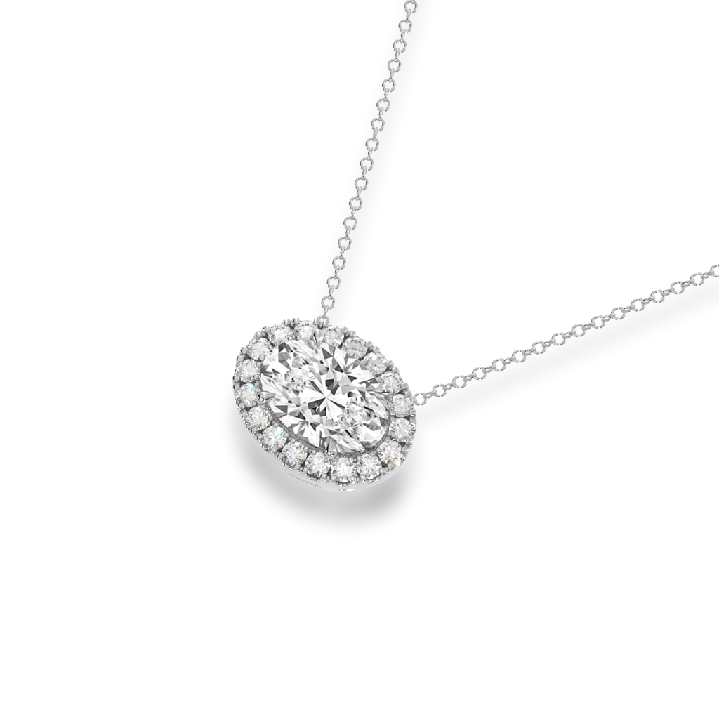 Oval cut diamond halo pendant view from top 