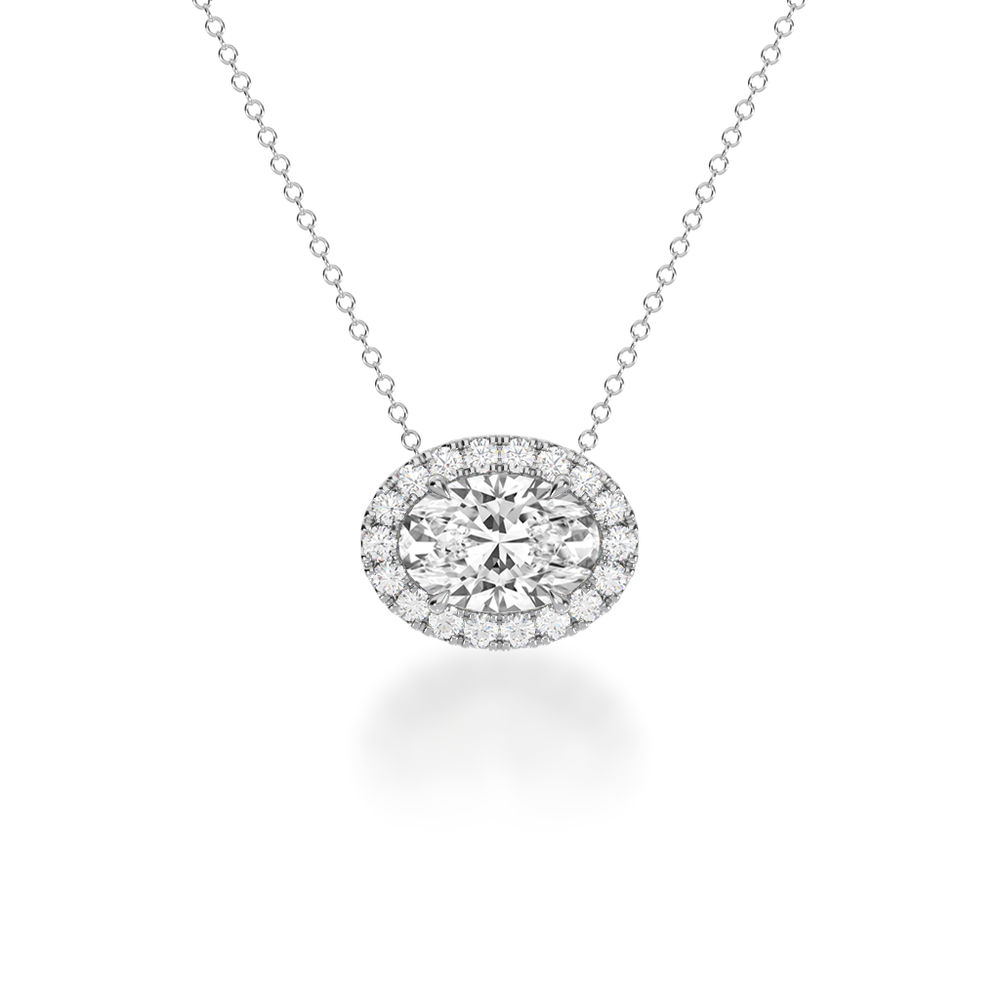 Oval cut diamond halo pendant view from front