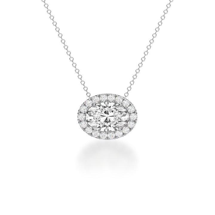 Oval cut diamond halo pendant view from front