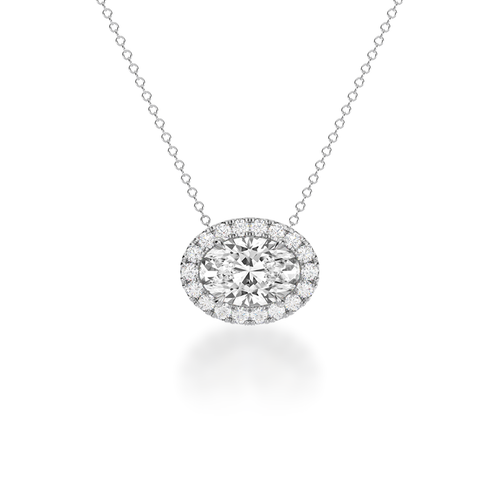 Oval cut diamond halo pendant view from front