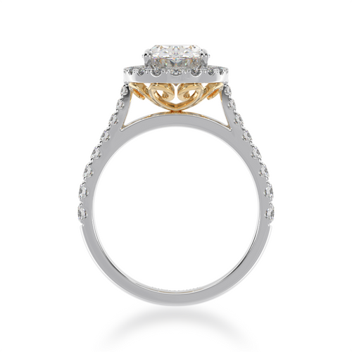 Standing front view of the Oval cut diamond halo ring with diamond set band.