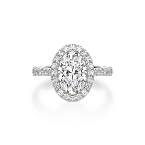 The Mondial by Nadia Oval diamond ring with a halo ring on diamond set band.