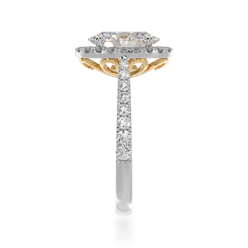 Standing side view of the Oval cut diamond halo ring with diamond set band.