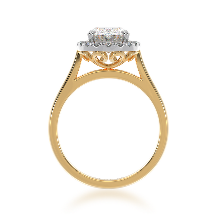 Oval diamond halo on yellow gold band from front
