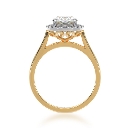 Oval diamond halo on yellow gold band from standing front view.