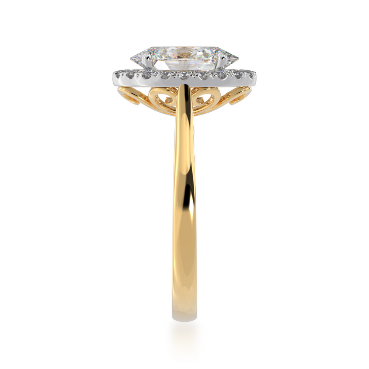 Oval diamond halo on yellow gold band from side