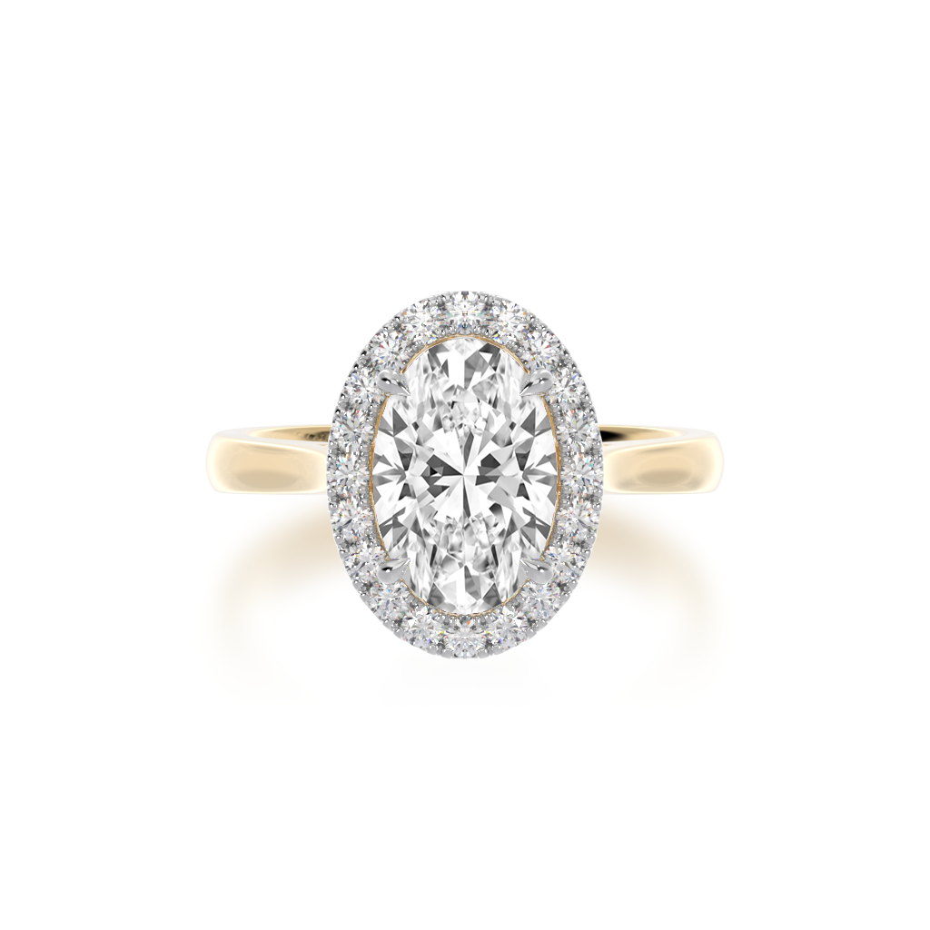 Oval diamond halo on yellow gold band from top
