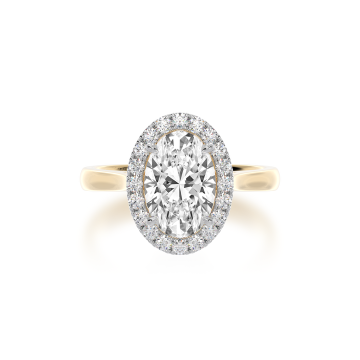 Oval diamond halo on yellow gold band from top