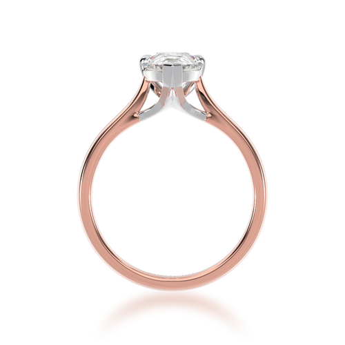 Pear shaped diamond solitaire engagement ring on rose gold band view from front