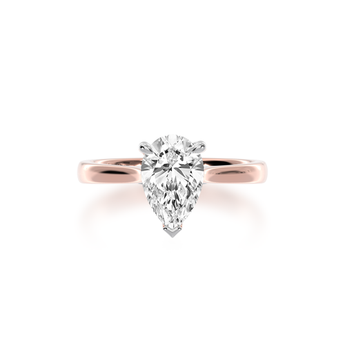 Pear shaped diamond solitaire engagement ring on rose gold band view from top