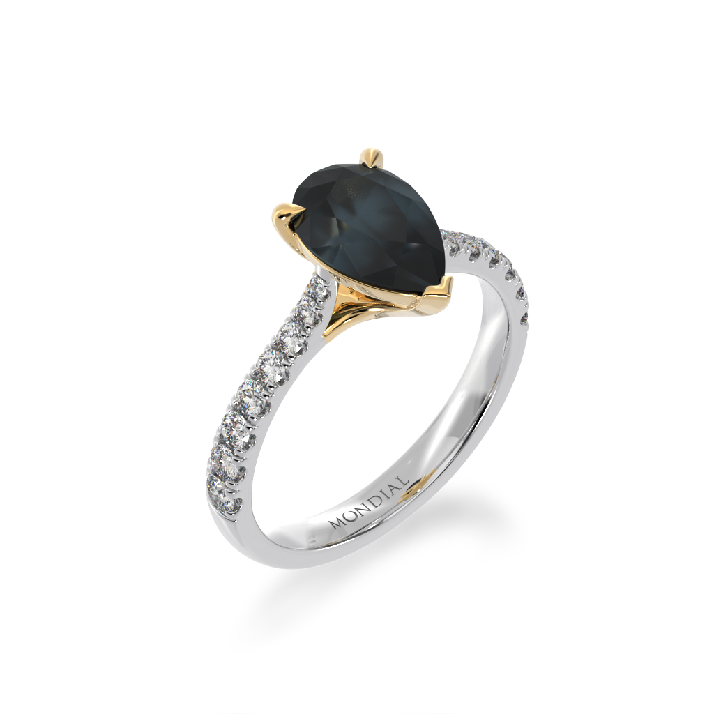 Pear shaped black sapphire solitaire engagement ring with diamond set band view from angle 