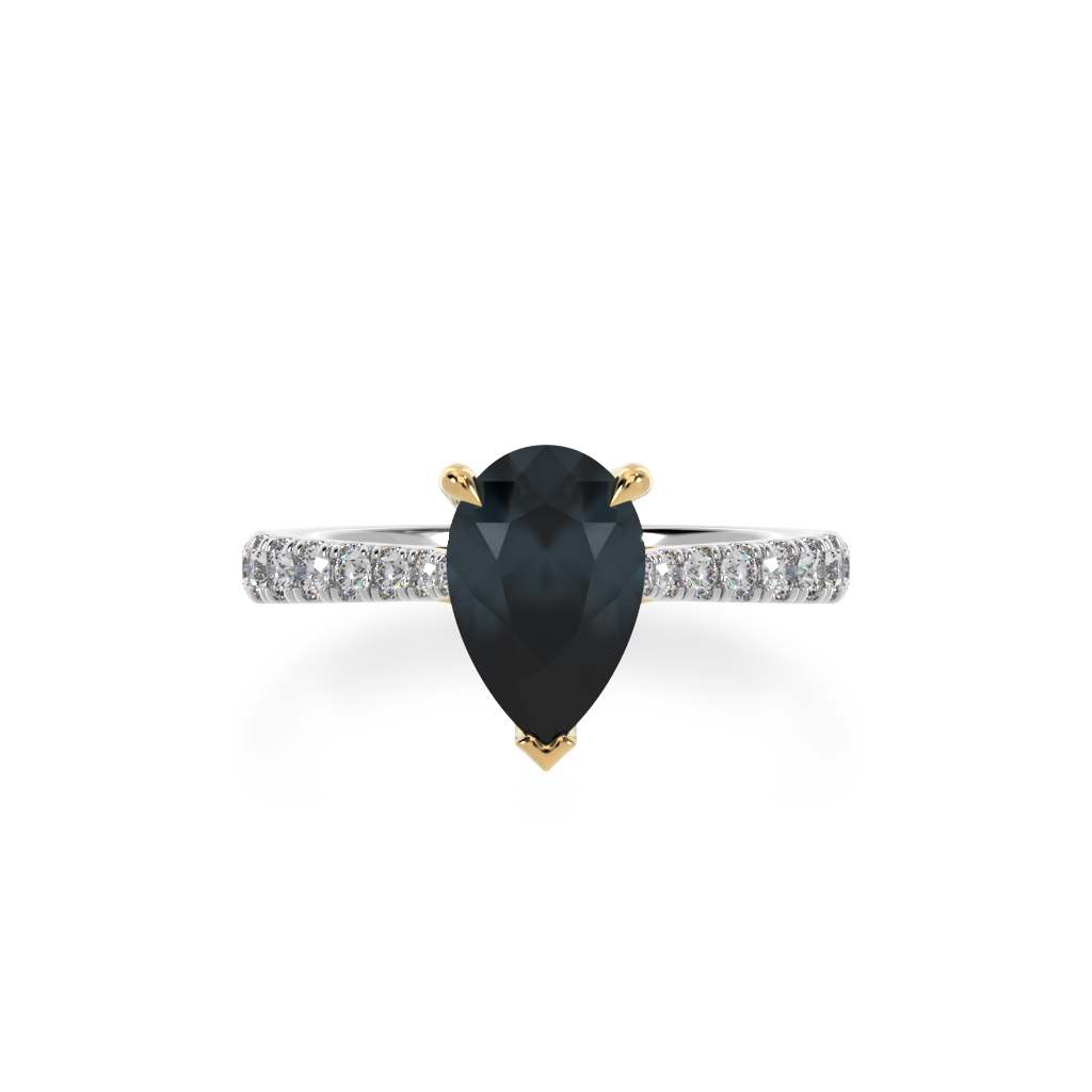 Pear shaped black sapphire solitaire engagement ring with diamond set band view from top