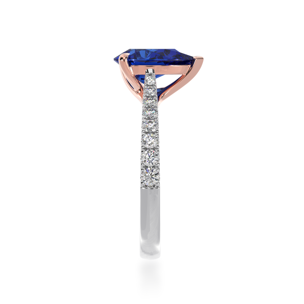 Pear shaped blue sapphire solitaire ring with diamond set band view from side 