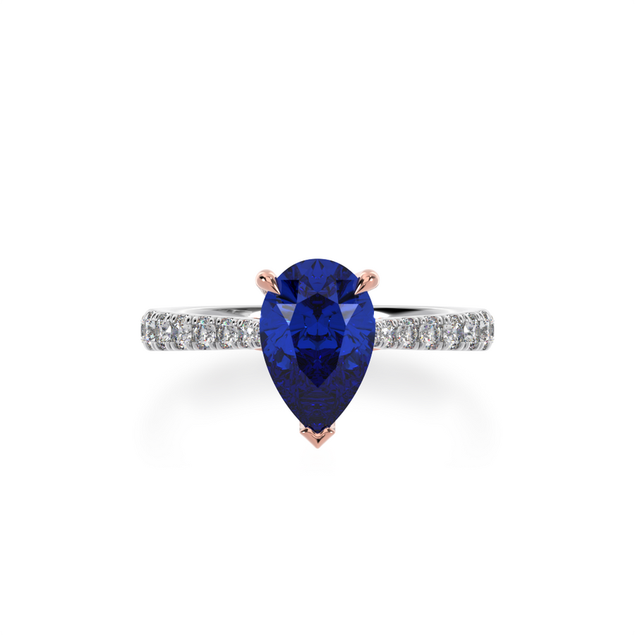 Pear shaped blue sapphire solitaire ring with diamond set band view from top