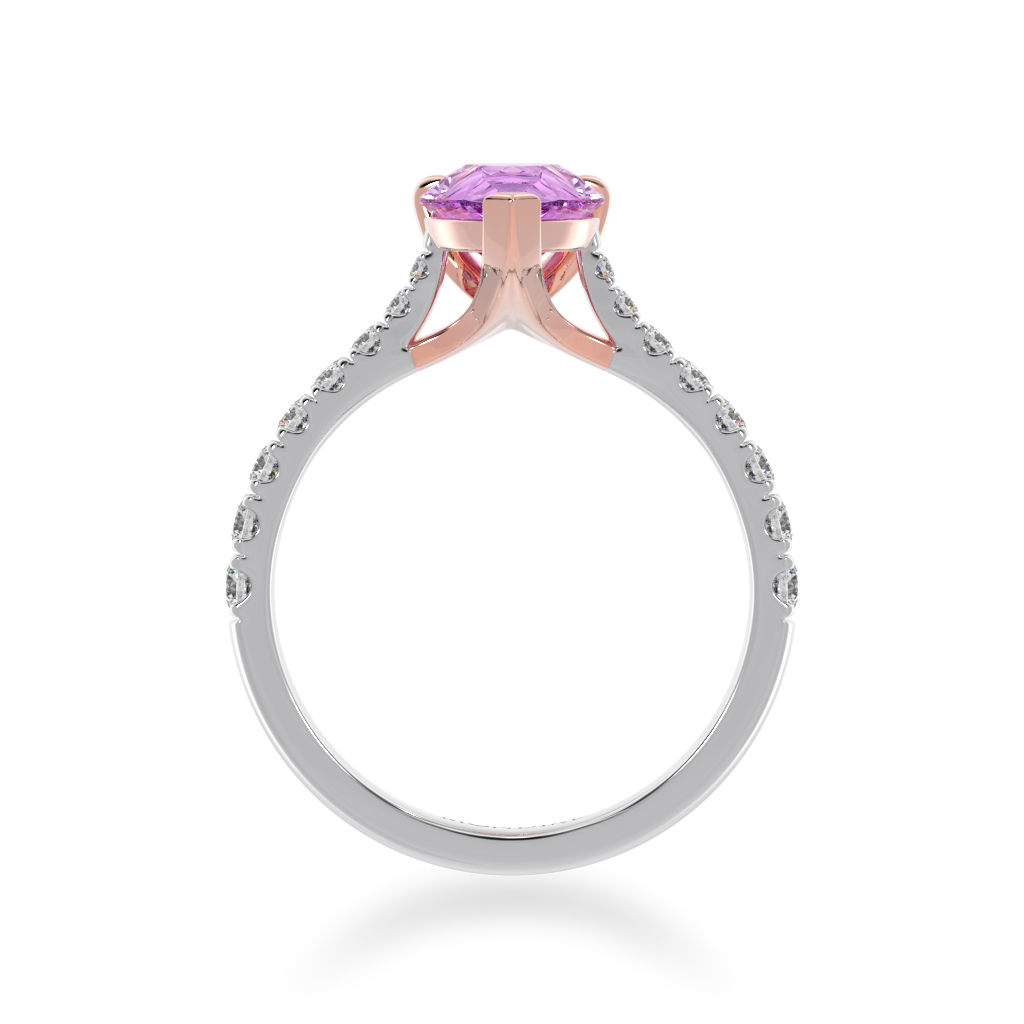 Pear shaped pink sapphire solitaire engagement ring with diamond set band view from front 